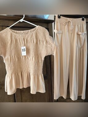 Women's Cream Smocked Top & Wide-Leg Pants Set